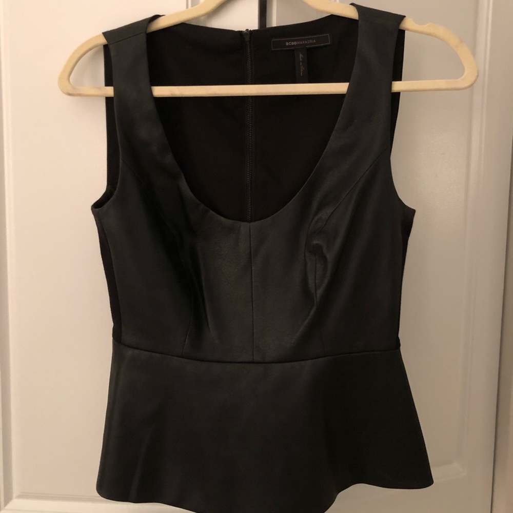 Black leather BCBGMAXAZRIA peplum top XS.